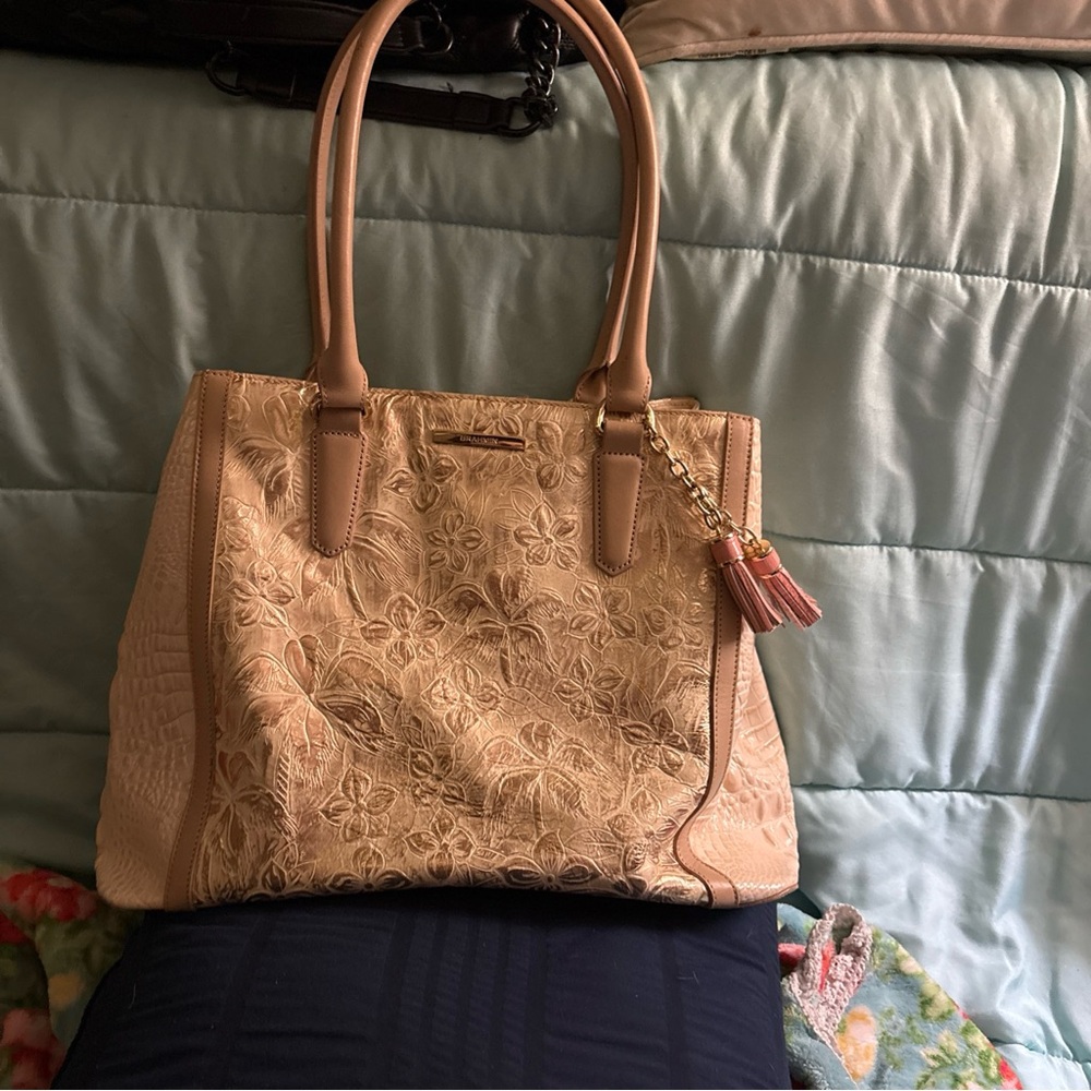 Brahmin Blush Pink Embossed Floral Tote with Tassel